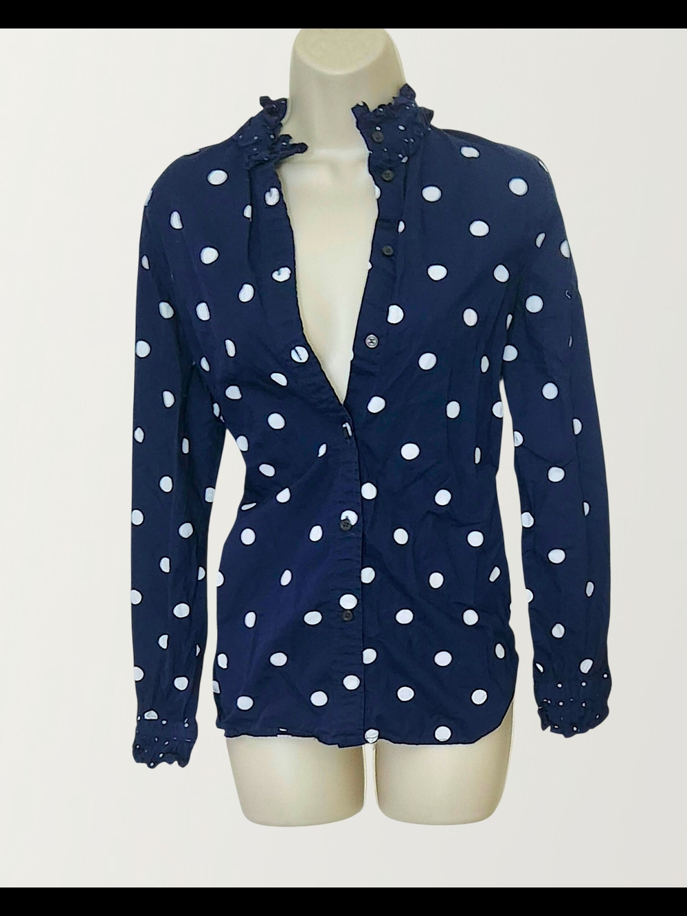J. Crew Womens Navy and White Polka Dot Ruffle-Collar Button Down Shirt Size 4/S